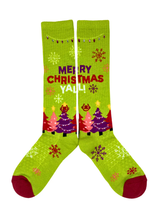 Lucky Chuck Merry Christmas Y'all Lime Green Performance Socks