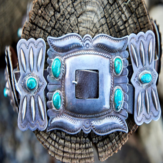 1940s Era Native American Hand Stamped Sterling Concho Belt with Amazing Turquoise Stones