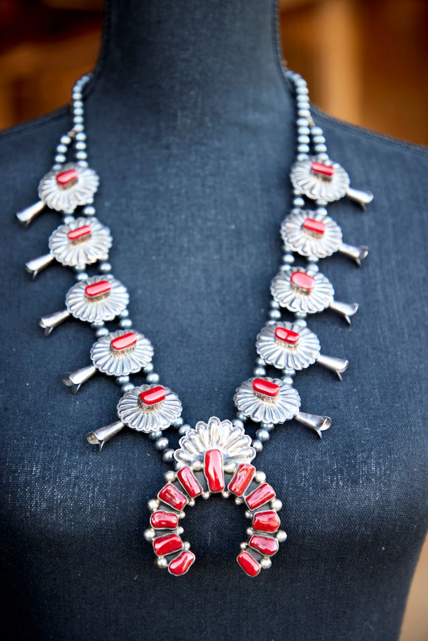 Lot - Native American HUGE sterling silver and red coral cabochon squash  blossom necklace 28