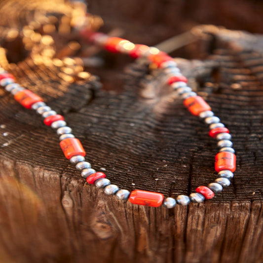 Deep Red Coral Native American Pearl Necklace