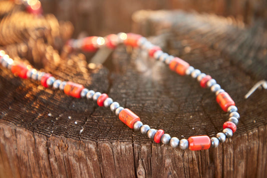 Deep Red Coral Native American Pearl Necklace